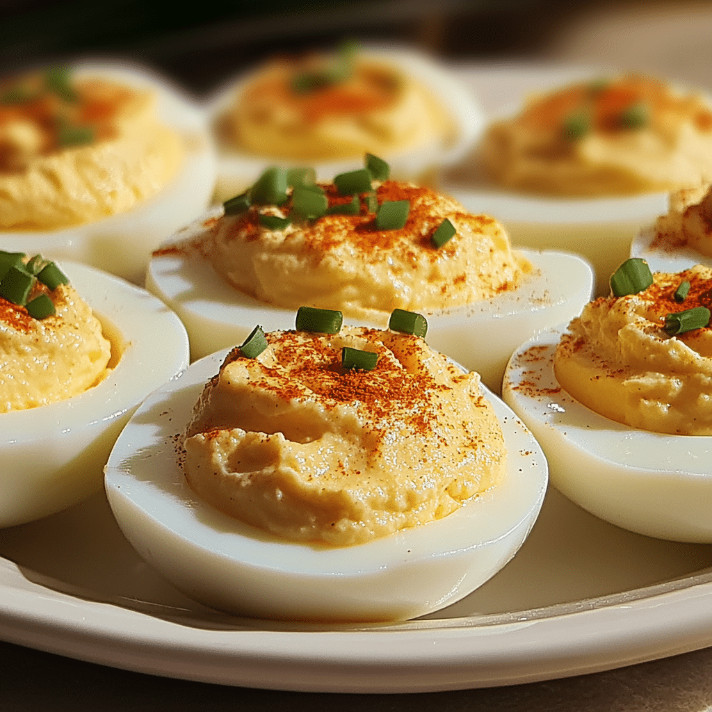Deviled eggs topped with paprika and chives on a platter