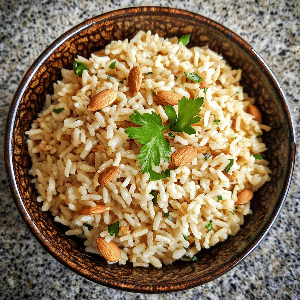 Homemade classic rice almondine (amandine) in a serving dish in a bright kitchen