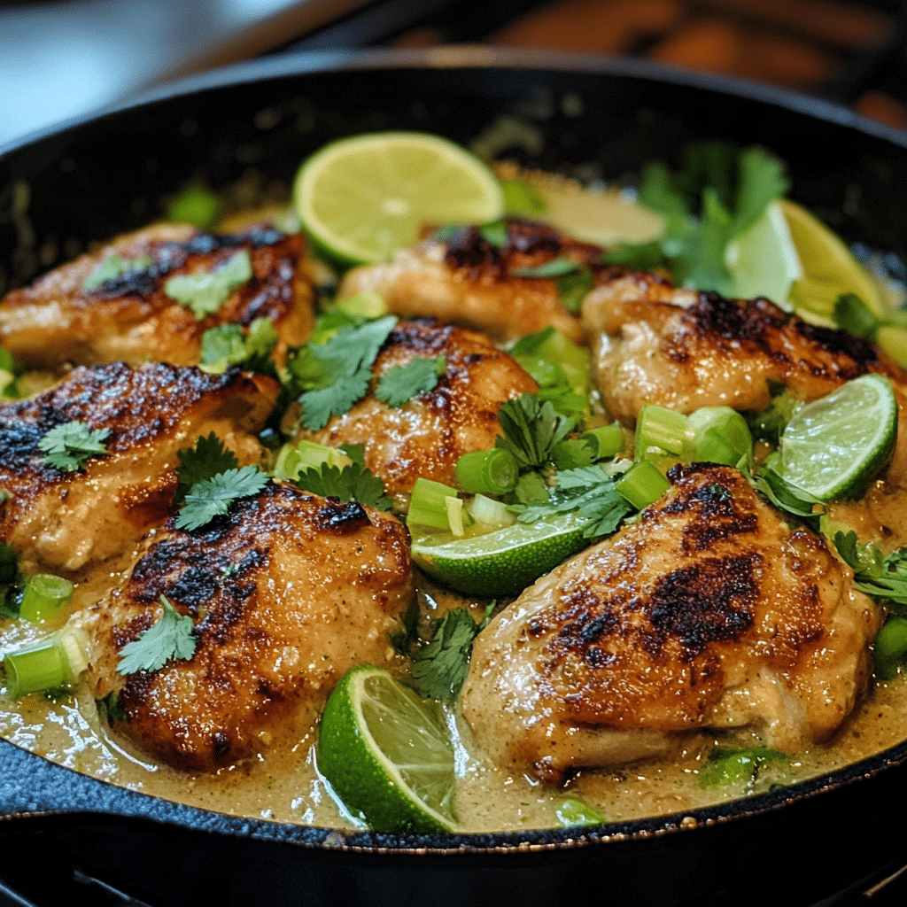 Coconut lime chicken in a skillet with creamy sauce, lime wedges, and cilantro
