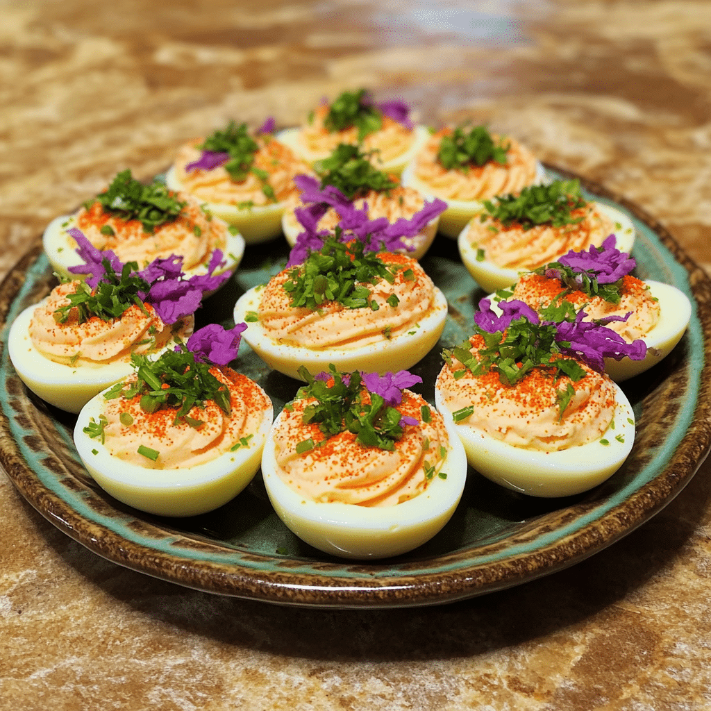 Homemade colorful easter deviled egg recipe! in a serving dish in a bright kitchen