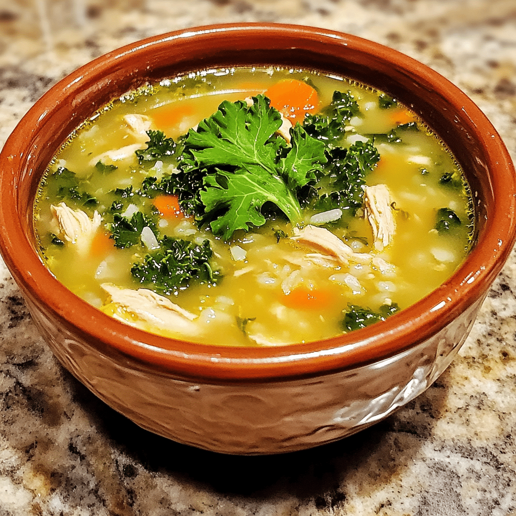 Homemade cozy lemon chicken soup with kale and rice recipe in a serving dish in a bright kitchen