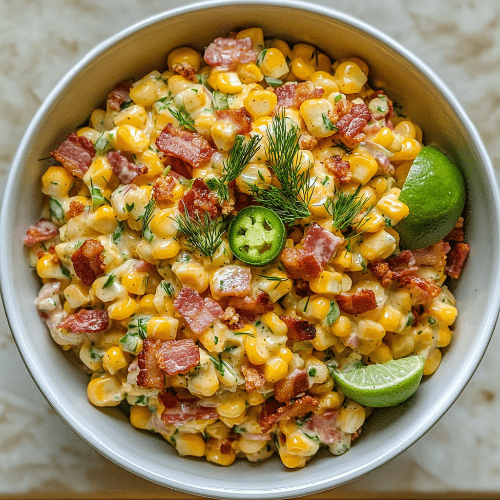 Creamy corn salad with cheddar jalapeno green onion and turkey bacon