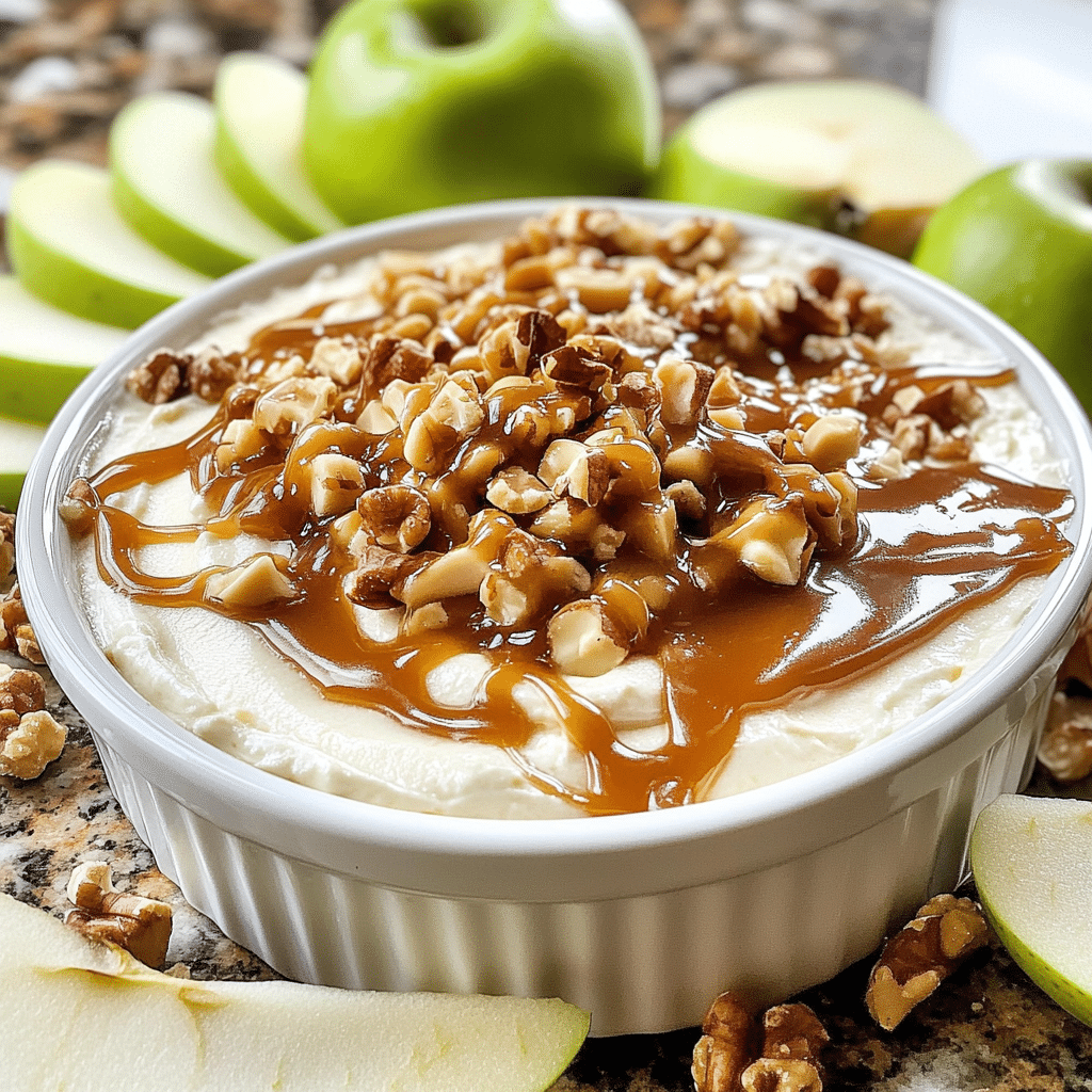 Cream cheese caramel apple dip topped with toffee bits and nuts in a serving dish