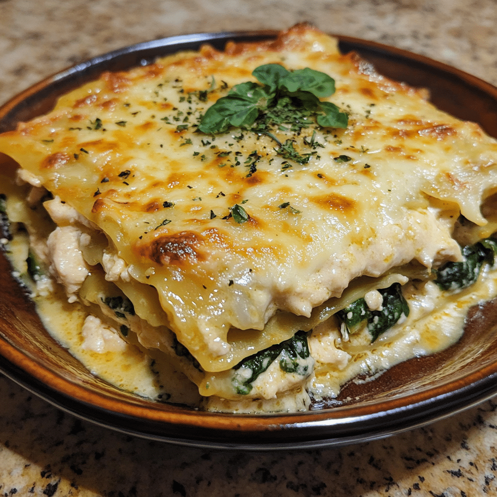 Homemade creamy chicken spinach lasagna in a serving dish in a bright kitchen