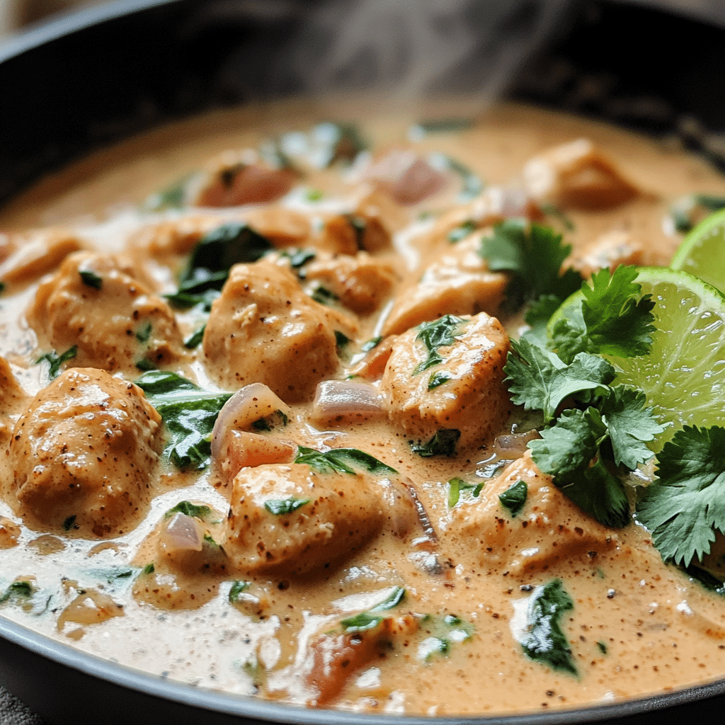 Skillet of creamy coconut milk chicken with garlic and herbs in a coconut sauce