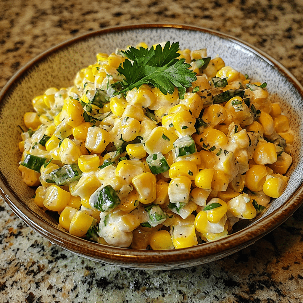 Homemade creamy corn salad recipe in a serving dish in a bright kitchen