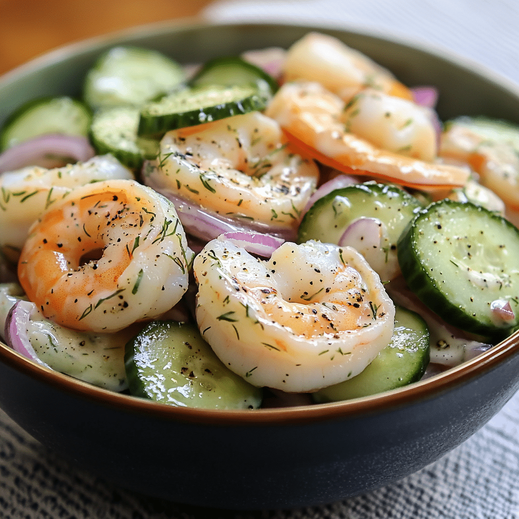 Cucumber shrimp salad with creamy lemon dill dressing in a bowl