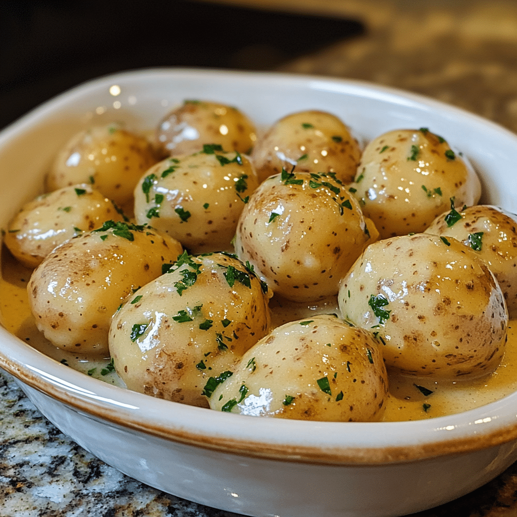 Homemade creamy garlic sauce baby potatoes in a serving dish in a bright kitchen