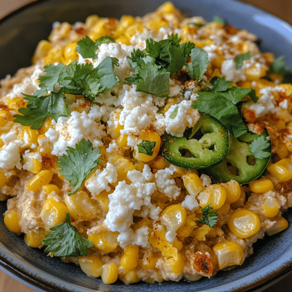 Creamy jalapeño corn dip topped with cilantro queso fresco and lime