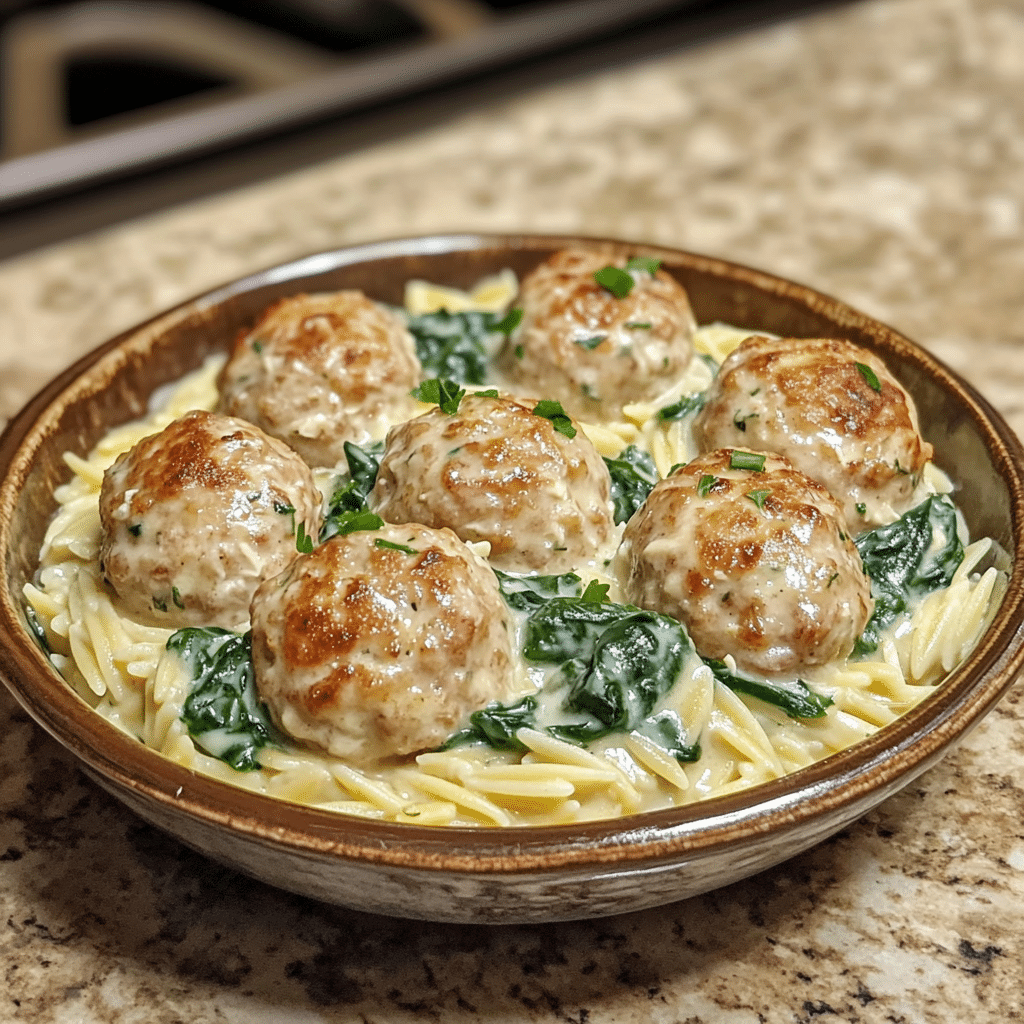 Homemade creamy lemon chicken ricotta meatballs with spinach & garlic orzo in a serving dish in a bright kitchen