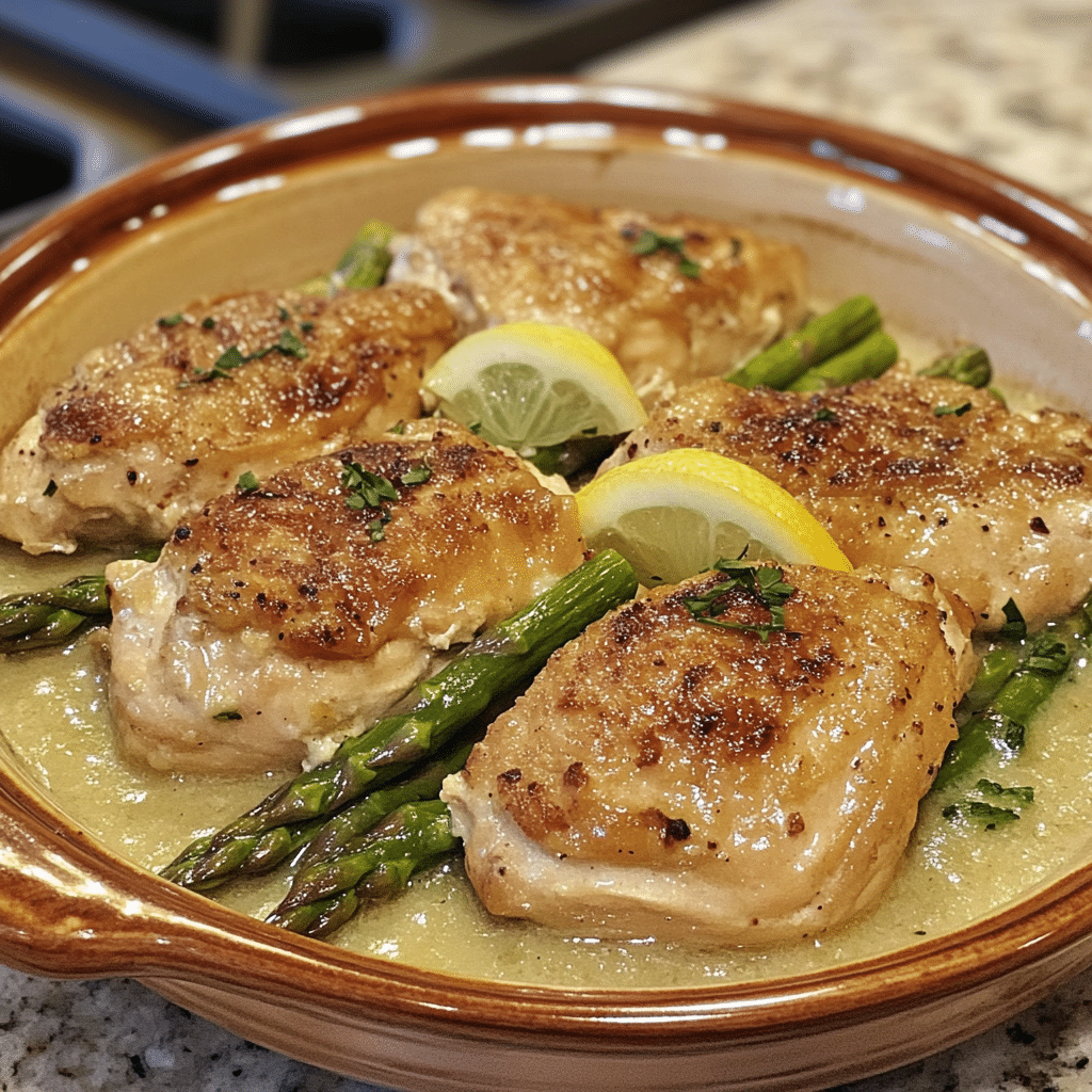 Homemade creamy lemon chicken and asparagus in a serving dish in a bright kitchen