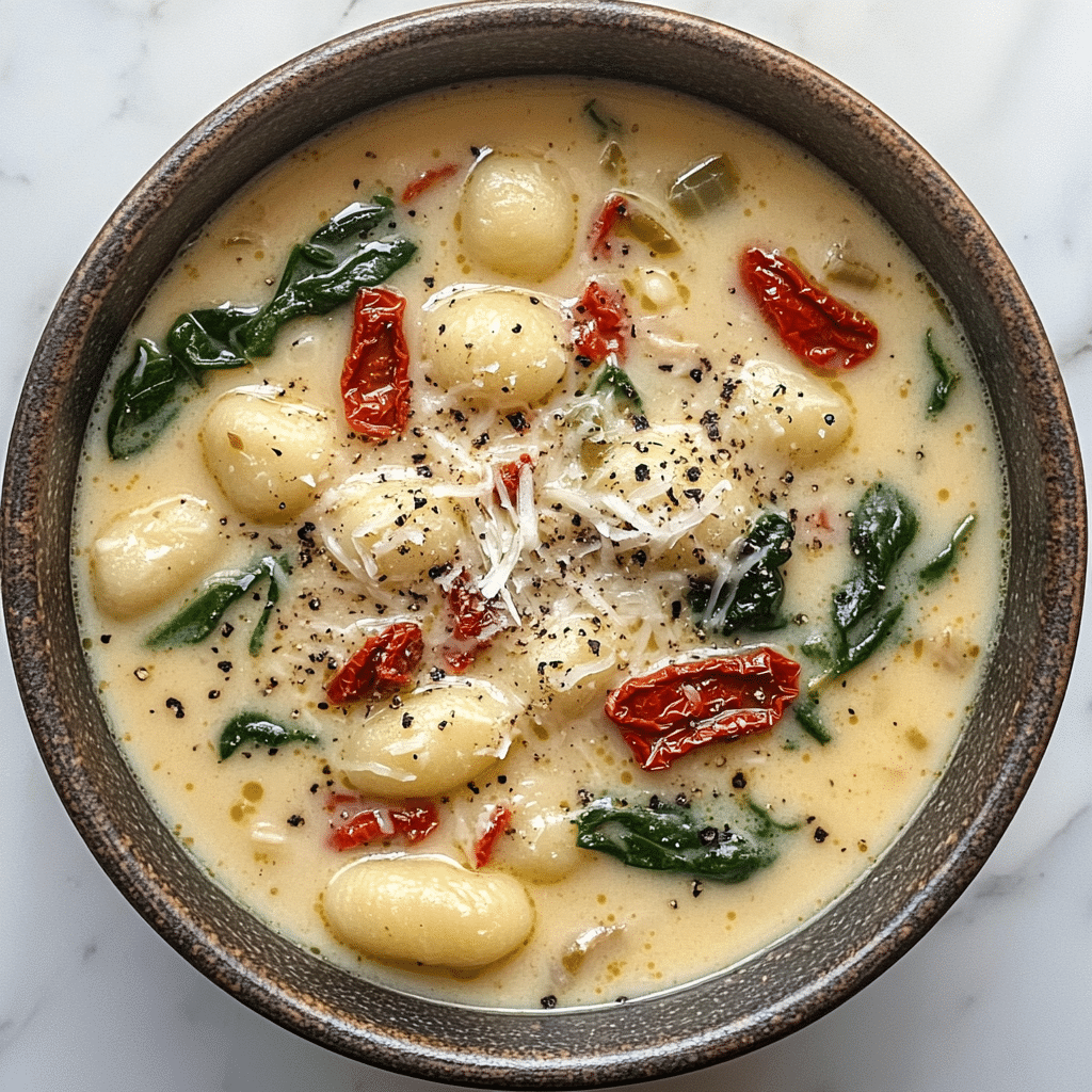 Bowl of marry me chicken soup with gnocchi, spinach, parmesan, and sun-dried tomatoes