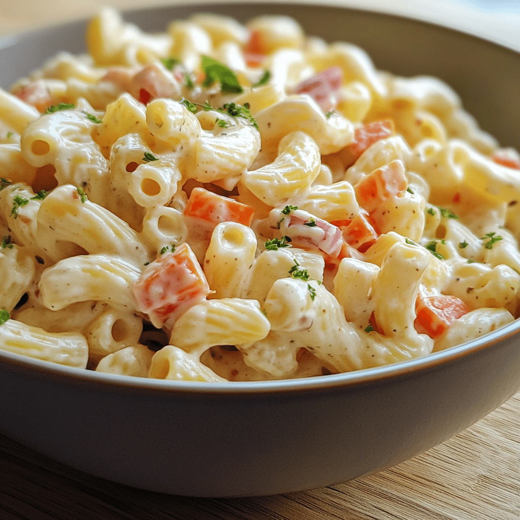 Bowl of creamy pasta salad ready to eat
