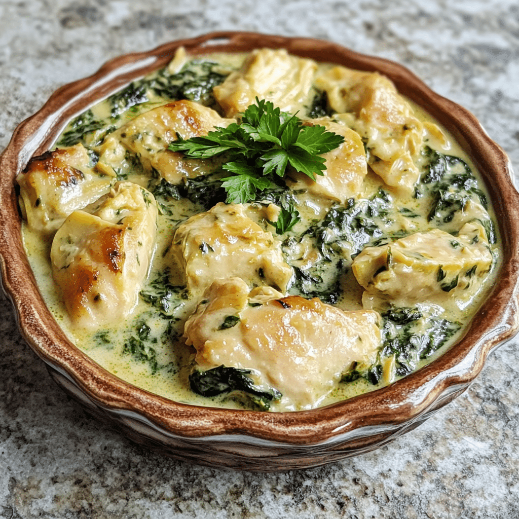 Homemade creamy spinach artichoke chicken in a serving dish in a bright kitchen