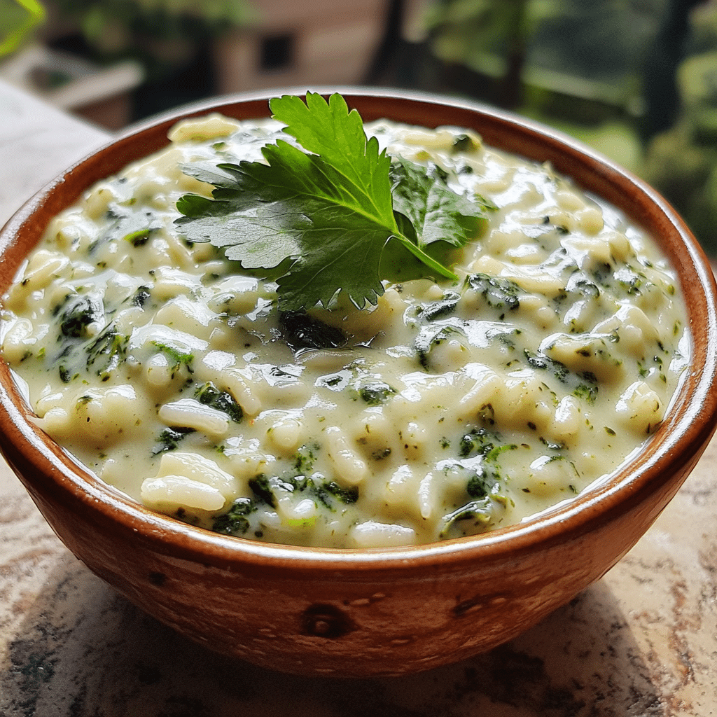 Homemade creamy spinach rice (easy one in a serving dish in a bright kitchen