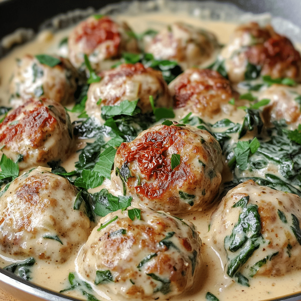 Creamy spinach turkey meatballs in a skillet with Parmesan and herbs