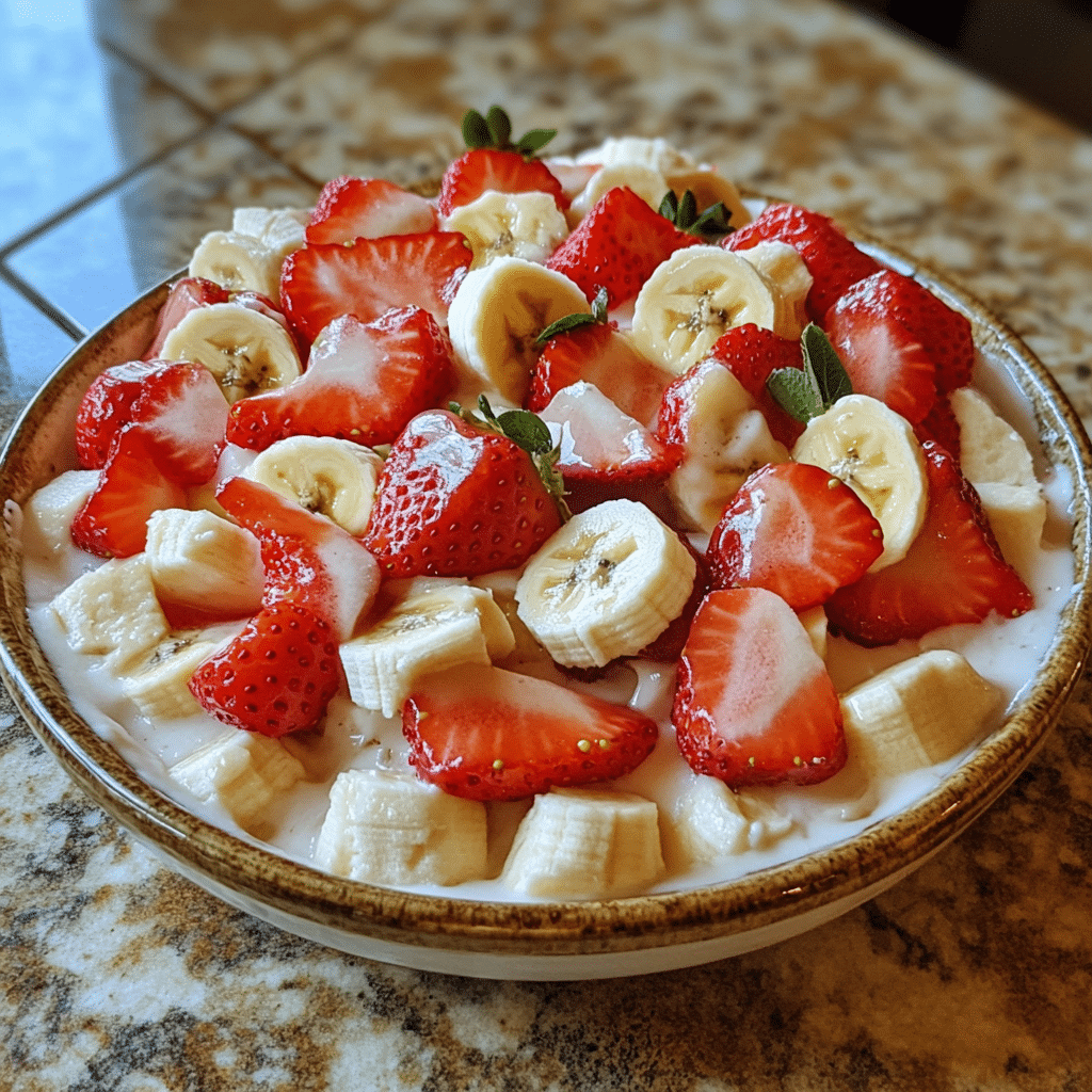 Homemade creamy strawberry banana cheesecake salad in a serving dish in a bright kitchen