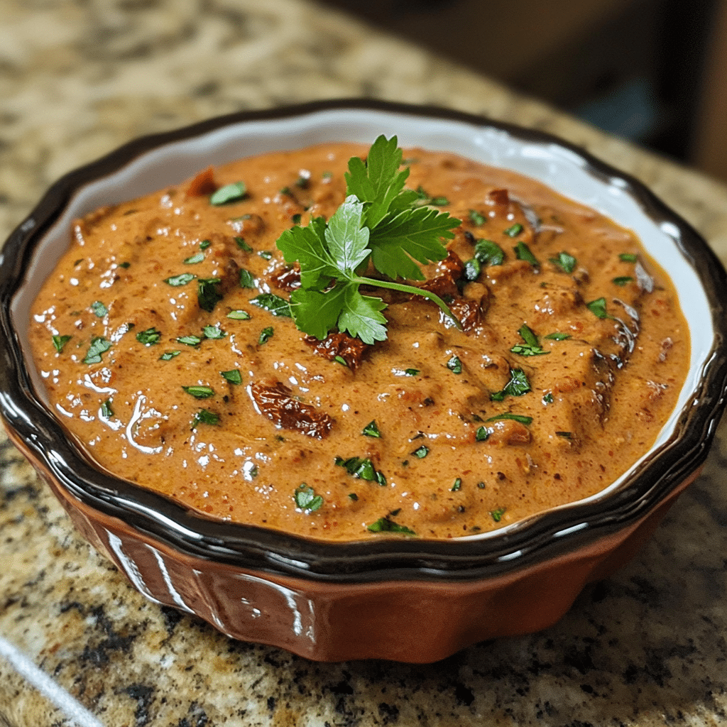 Homemade creamy sun dried tomato sauce in a serving dish in a bright kitchen