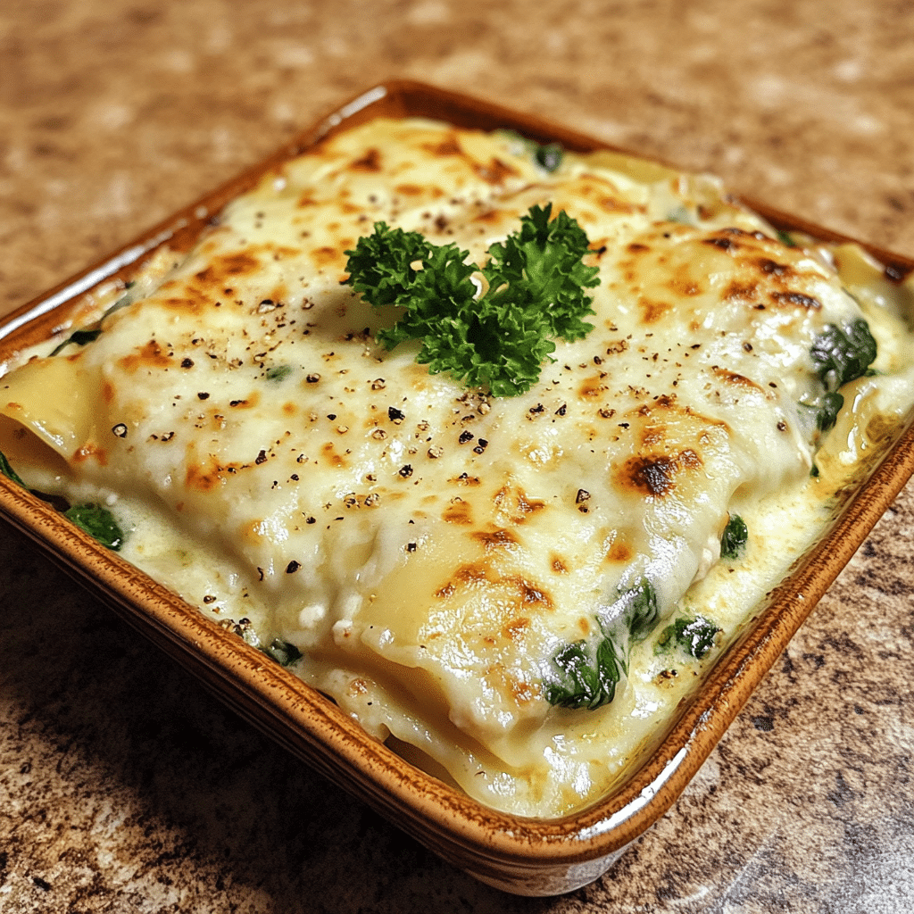 Homemade creamy white chicken spinach lasagna in a serving dish in a bright kitchen