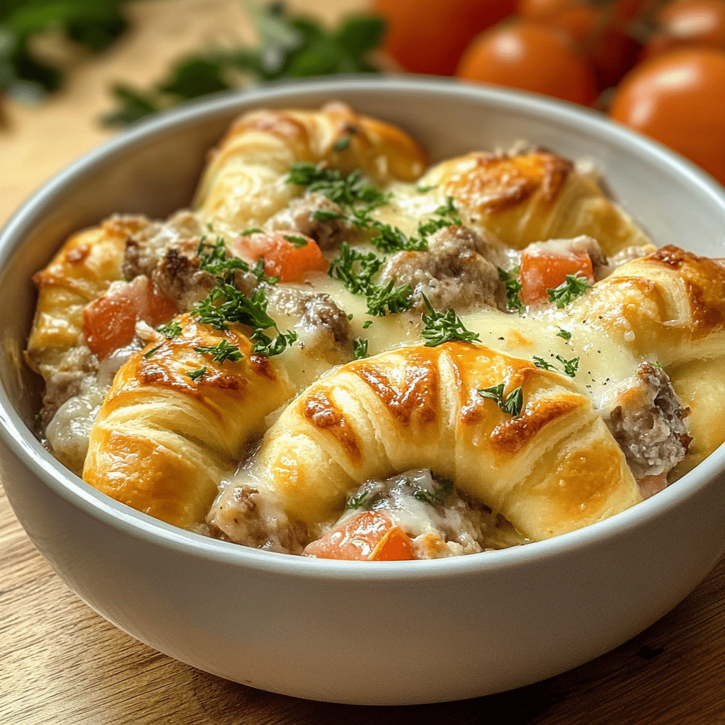 Bowl of crescent roll breakfast casserole ready to eat
