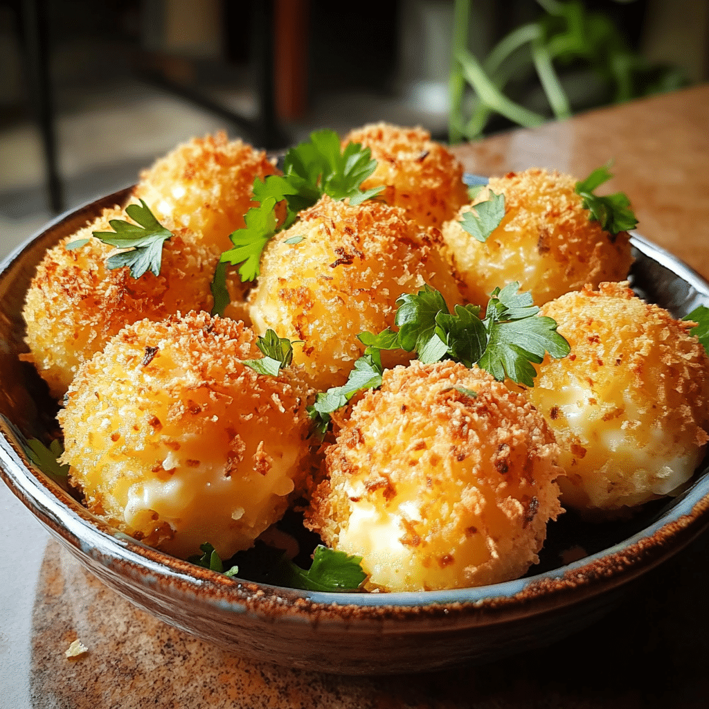 Homemade crispy potato cheese balls recipe in a serving dish in a bright kitchen