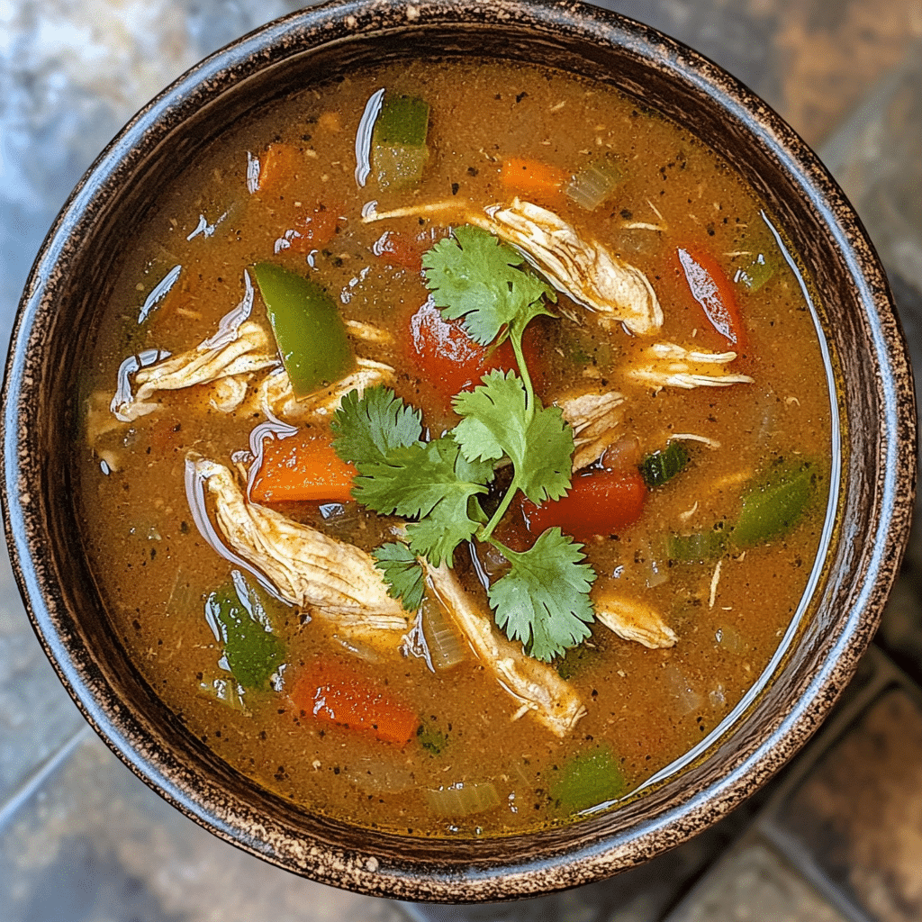Homemade crock pot chicken fajita soup in a serving dish in a bright kitchen