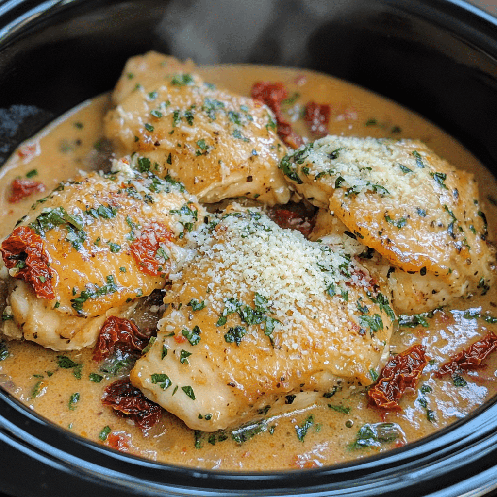 Crockpot Marry Me Chicken in creamy sun-dried tomato sauce with herbs