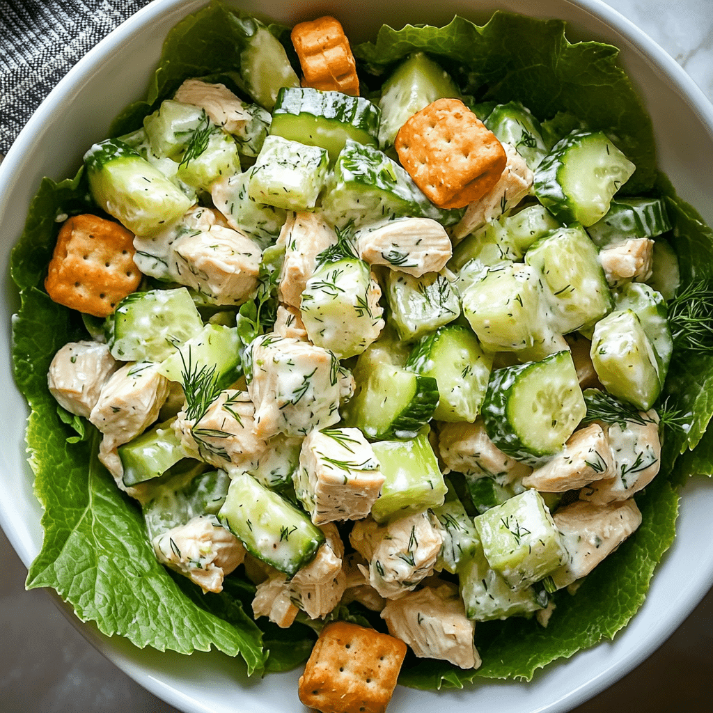 Greek yogurt rotisserie chicken salad with cucumber dill celery and herbs in a bowl