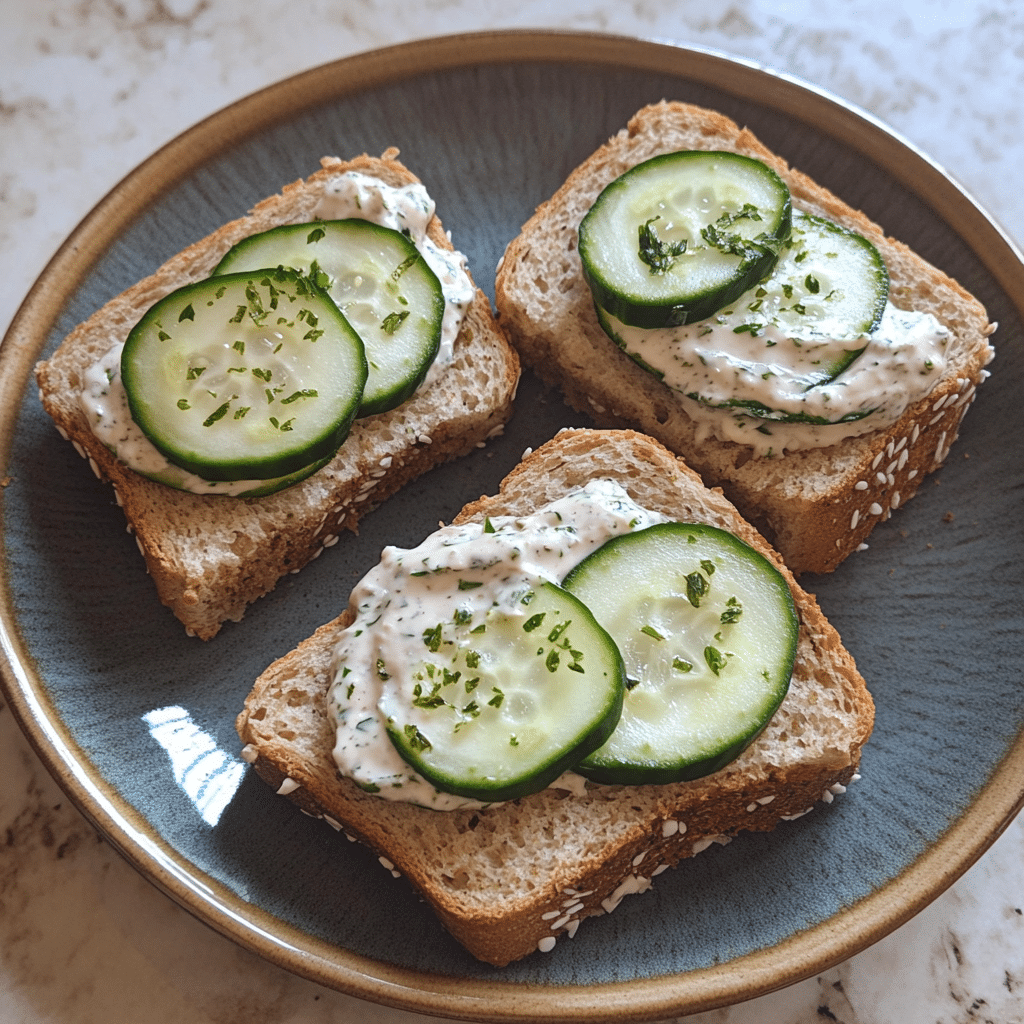 Cucumber Sandwich served in a dish with visible texture and garnish
