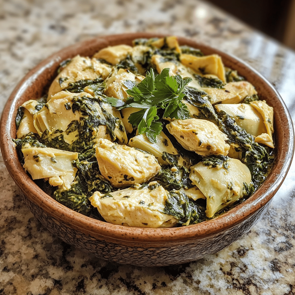Homemade delicious high protein spinach artichoke chicken delight in a serving dish in a bright kitchen
