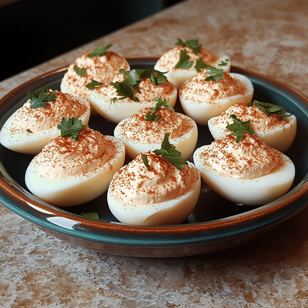 Homemade deviled eggs in a serving dish in a bright kitchen