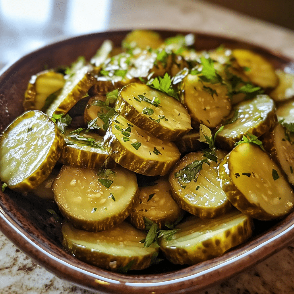 Homemade deviled pickles tangy twist on a classic in a serving dish in a bright kitchen