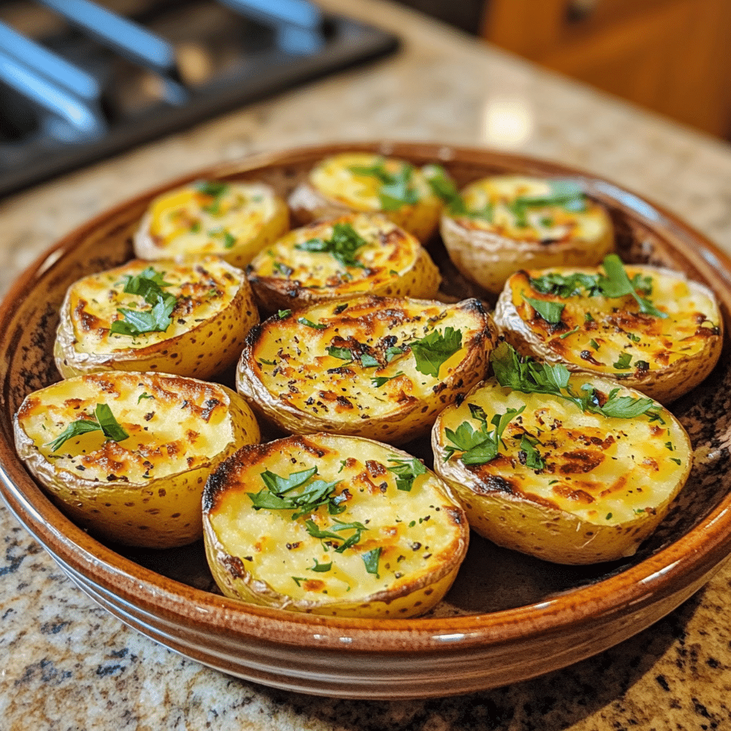 Homemade deviled potatoes in a serving dish in a bright kitchen