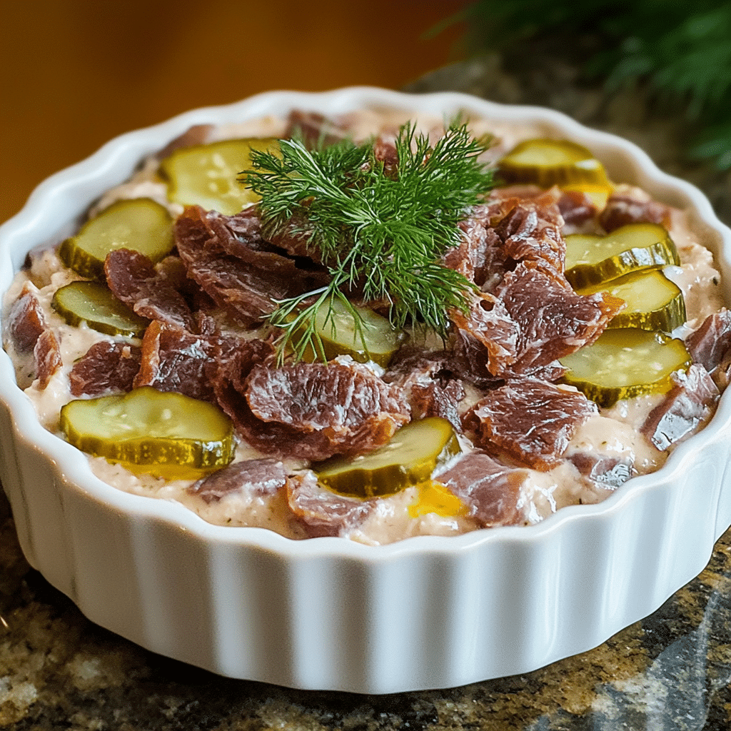 Homemade dill pickle dip with dried beef in a serving dish in a bright kitchen