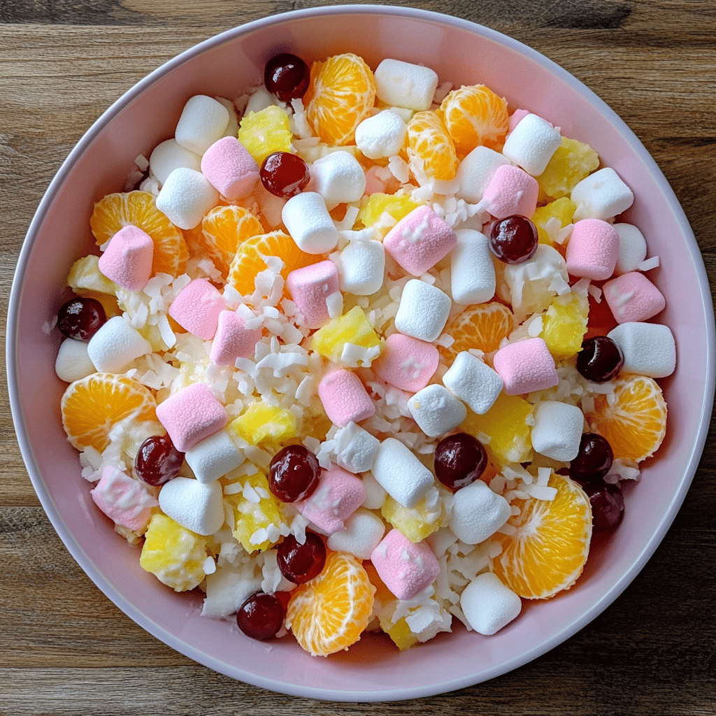 Easter ambrosia salad in a bowl with mandarin oranges, pineapple, cherries, coconut, and marshmallows