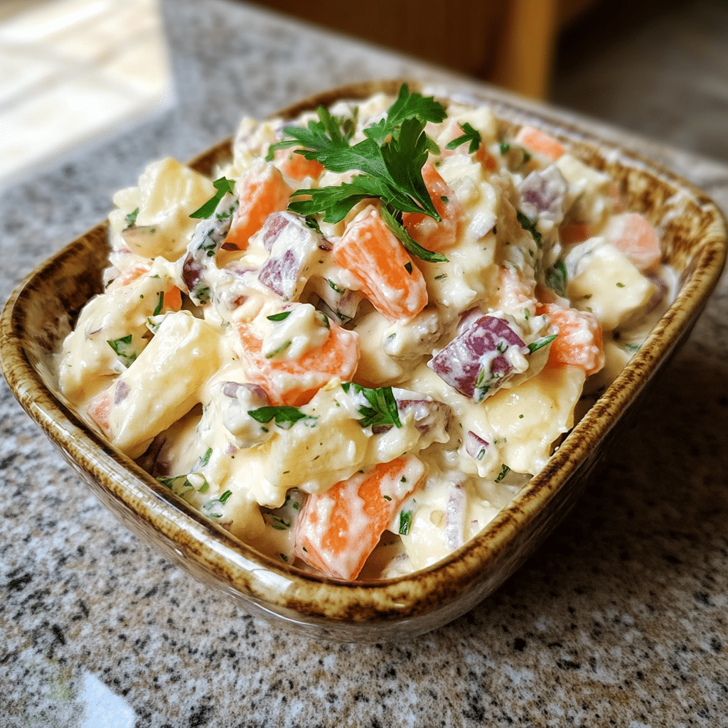 Homemade easter fluff salad in a serving dish in a bright kitchen