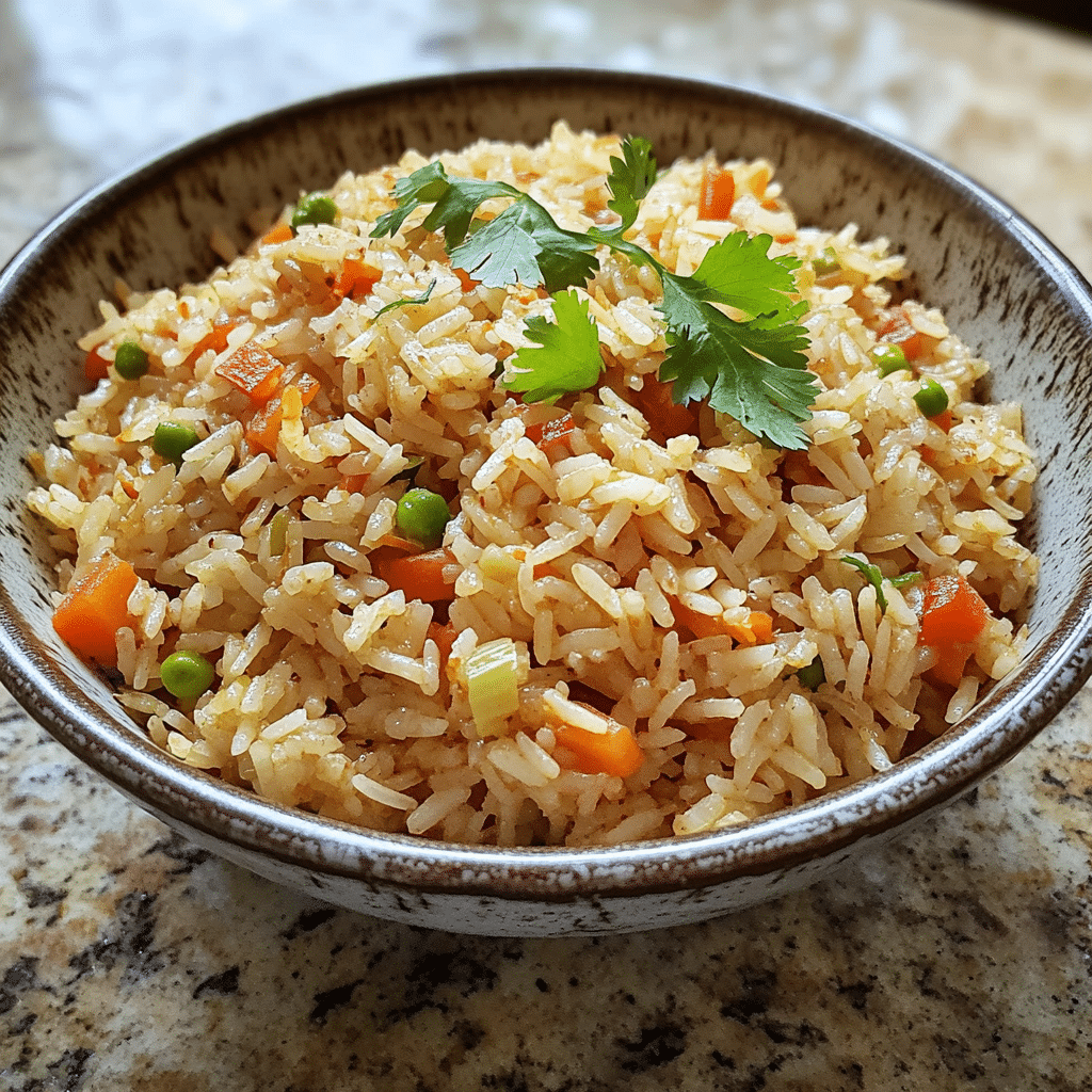 Homemade easy asian rice recipe in a serving dish in a bright kitchen