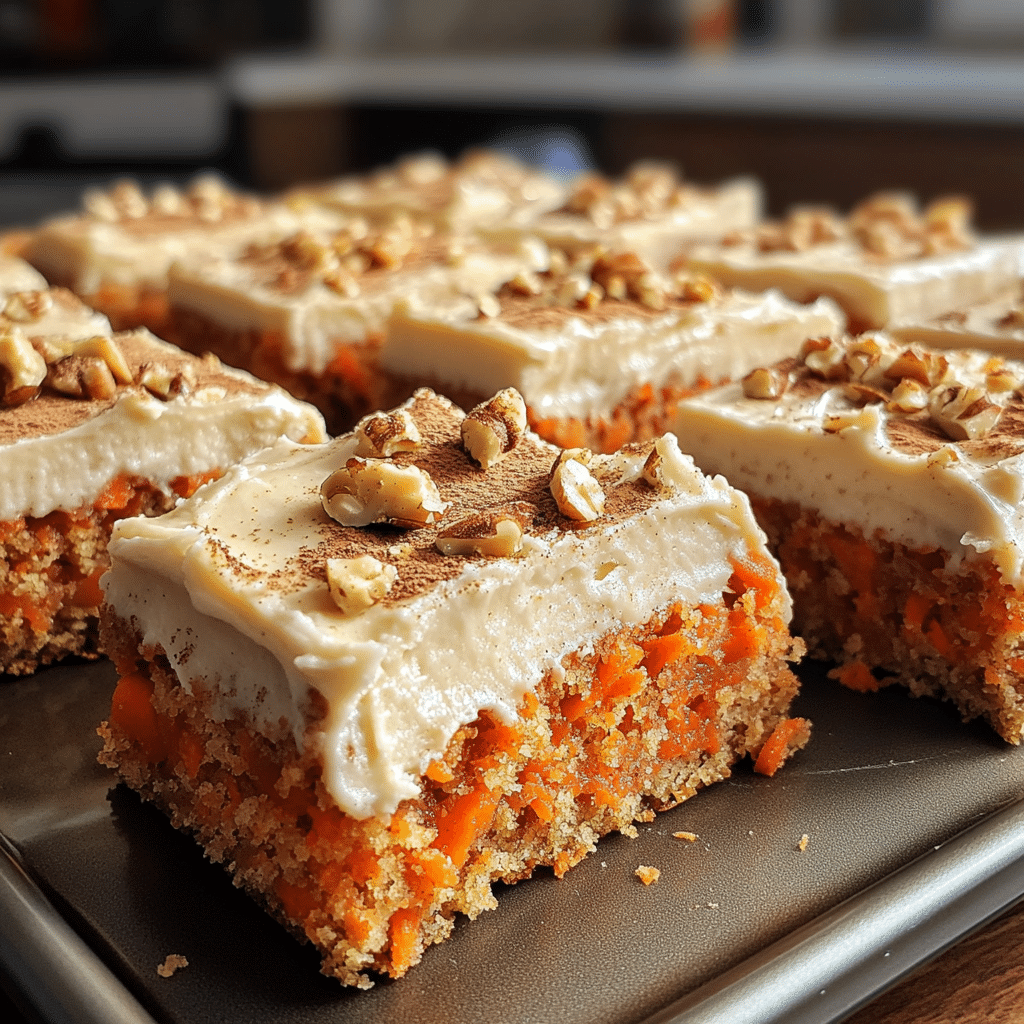 Carrot cake bars topped with creamy frosting and cinnamon