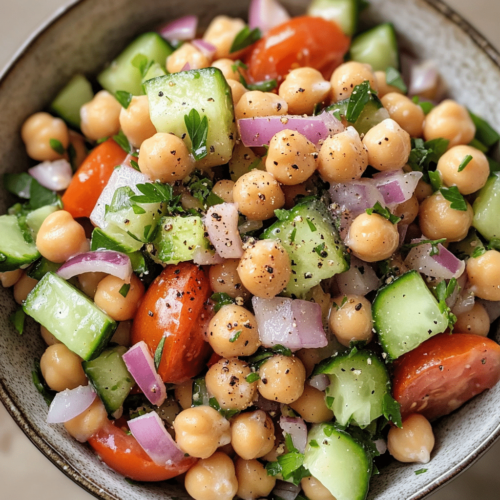 Chickpea salad with cucumbers, tomatoes, parsley, and lemon dressing