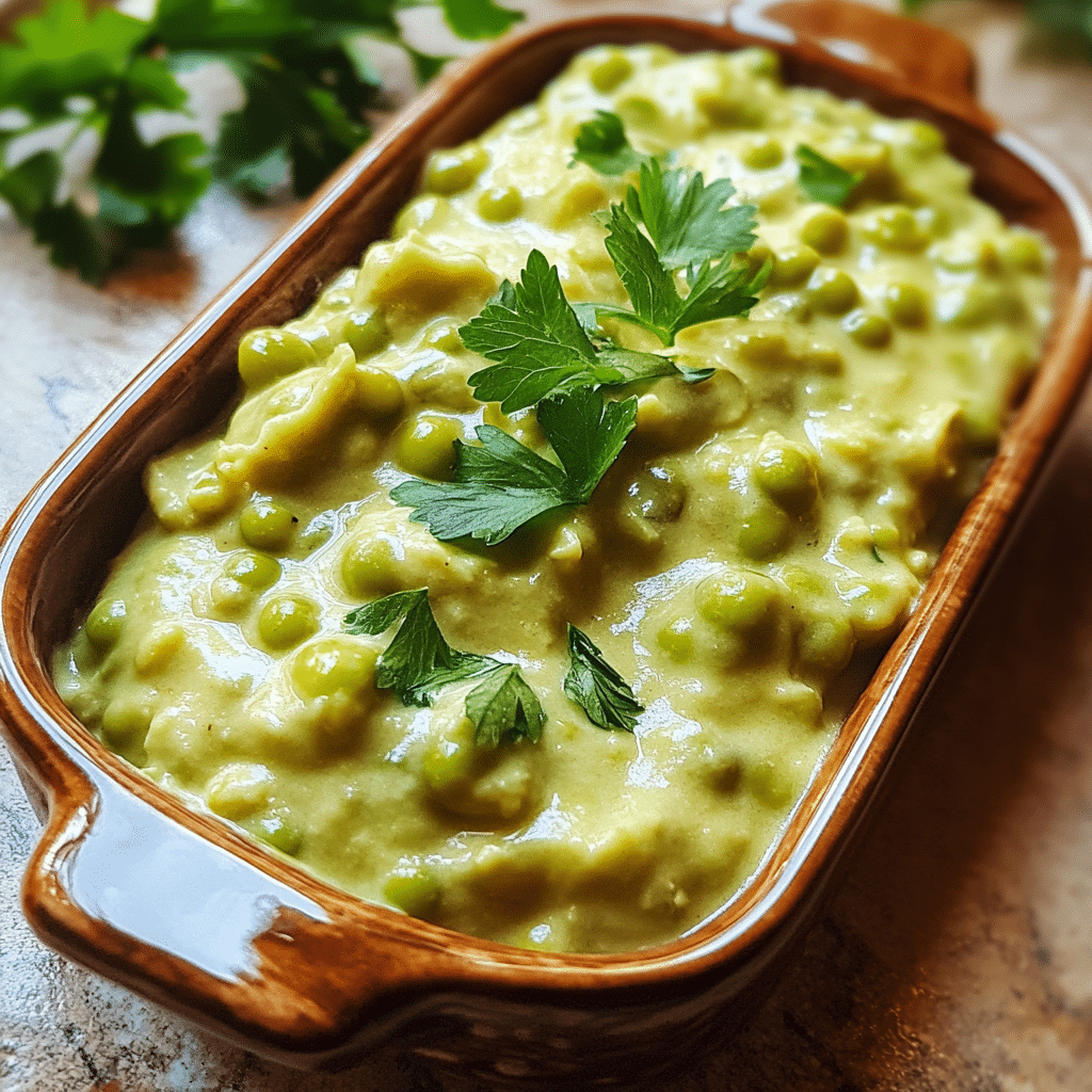 Homemade easy creamed peas recipe in a serving dish in a bright kitchen