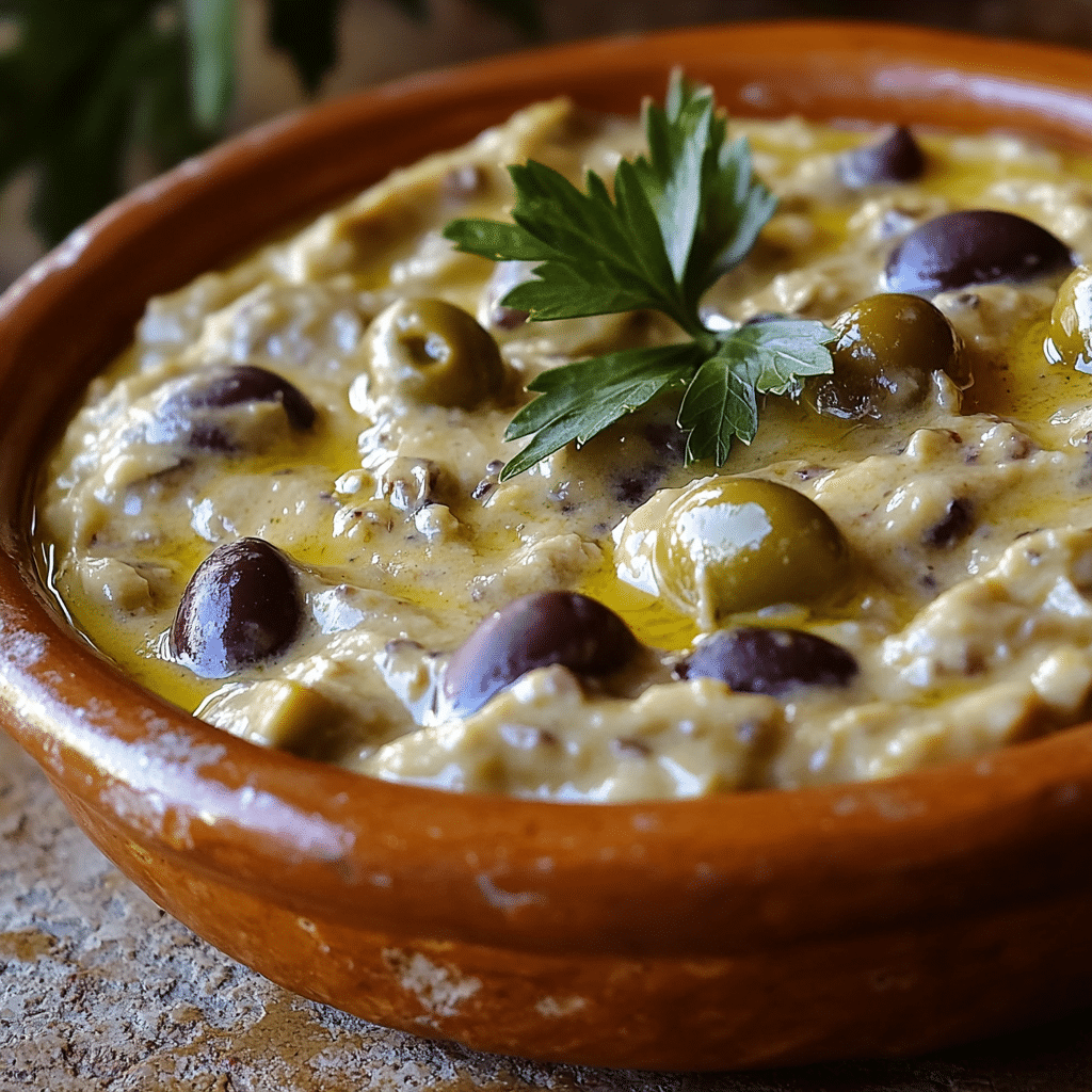 Homemade easy creamy olive dip (the best appetizer) in a serving dish in a bright kitchen