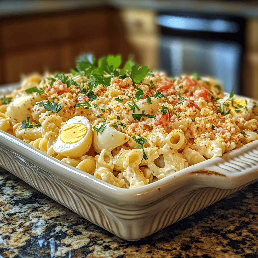Homemade easy deviled egg pasta salad in a serving dish in a bright kitchen