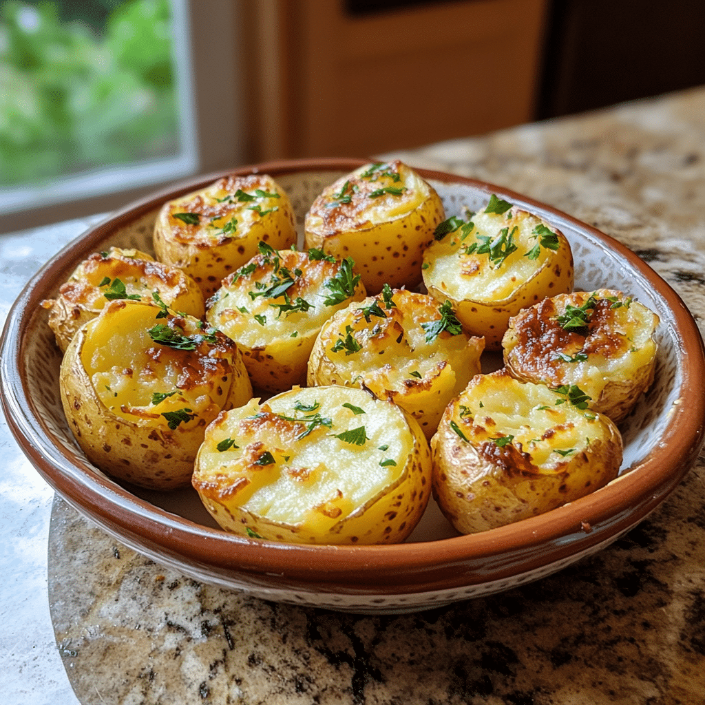 Homemade easy deviled potatoes in a serving dish in a bright kitchen