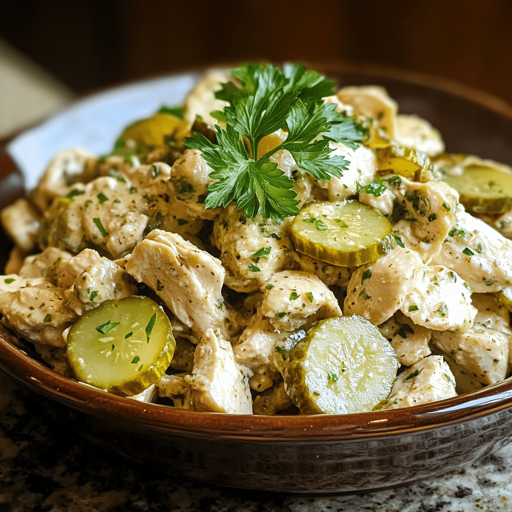 Homemade easy dill pickle chicken salad in a serving dish in a bright kitchen