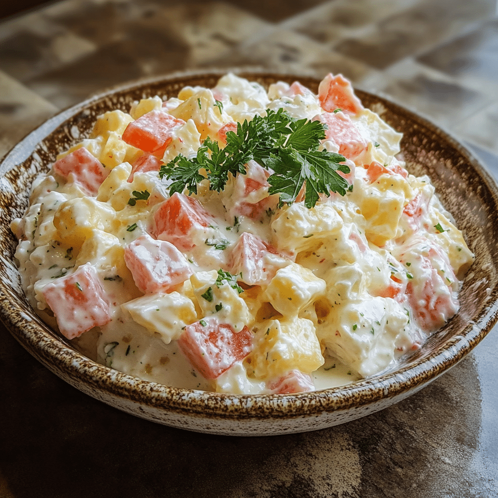 Homemade easy easter ambrosia salad in a serving dish in a bright kitchen