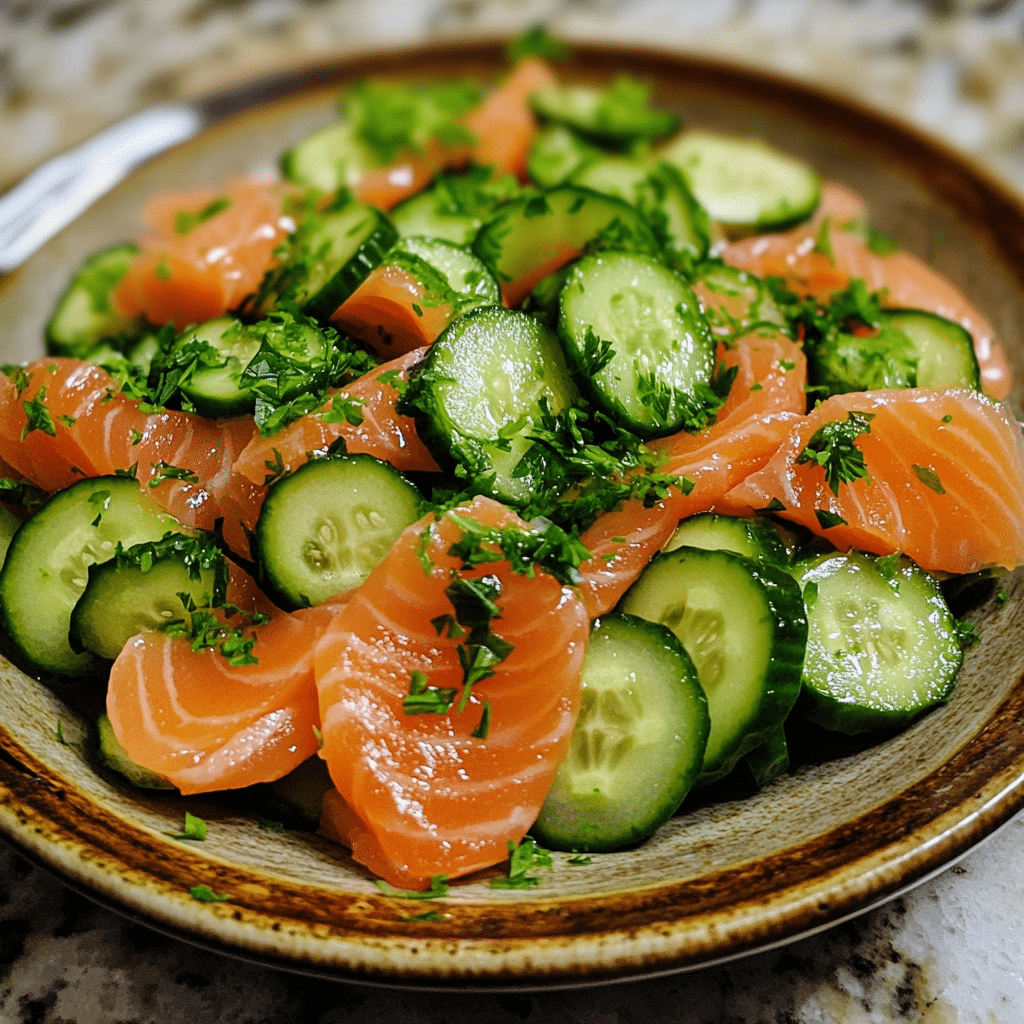 Homemade easy easter cucumber smoked salmon salad in a serving dish in a bright kitchen