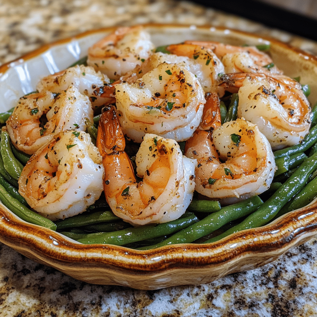 Homemade easy garlic butter shrimp with green beans in a serving dish in a bright kitchen