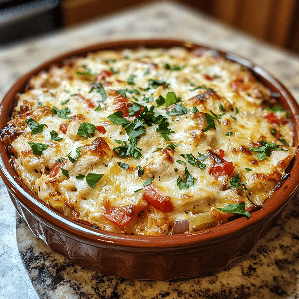 Homemade easy greek chicken casserole in a serving dish in a bright kitchen