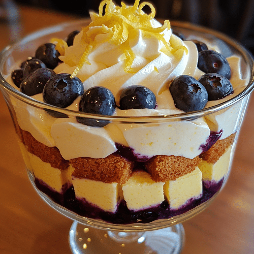 Lemon blueberry trifle layered in a glass bowl with blueberries and lemon cream