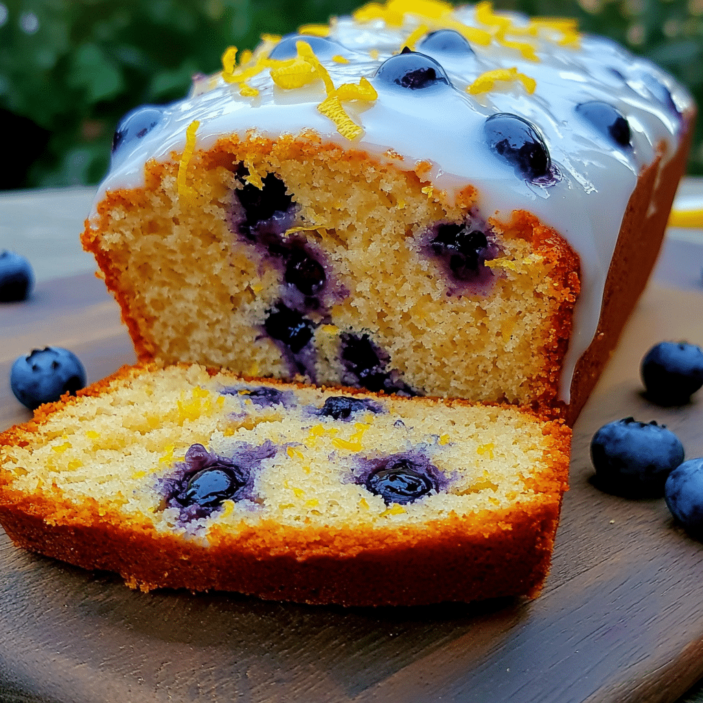 Sliced lemon blueberry yogurt loaf with lemon glaze and fresh blueberries in a home kitchen